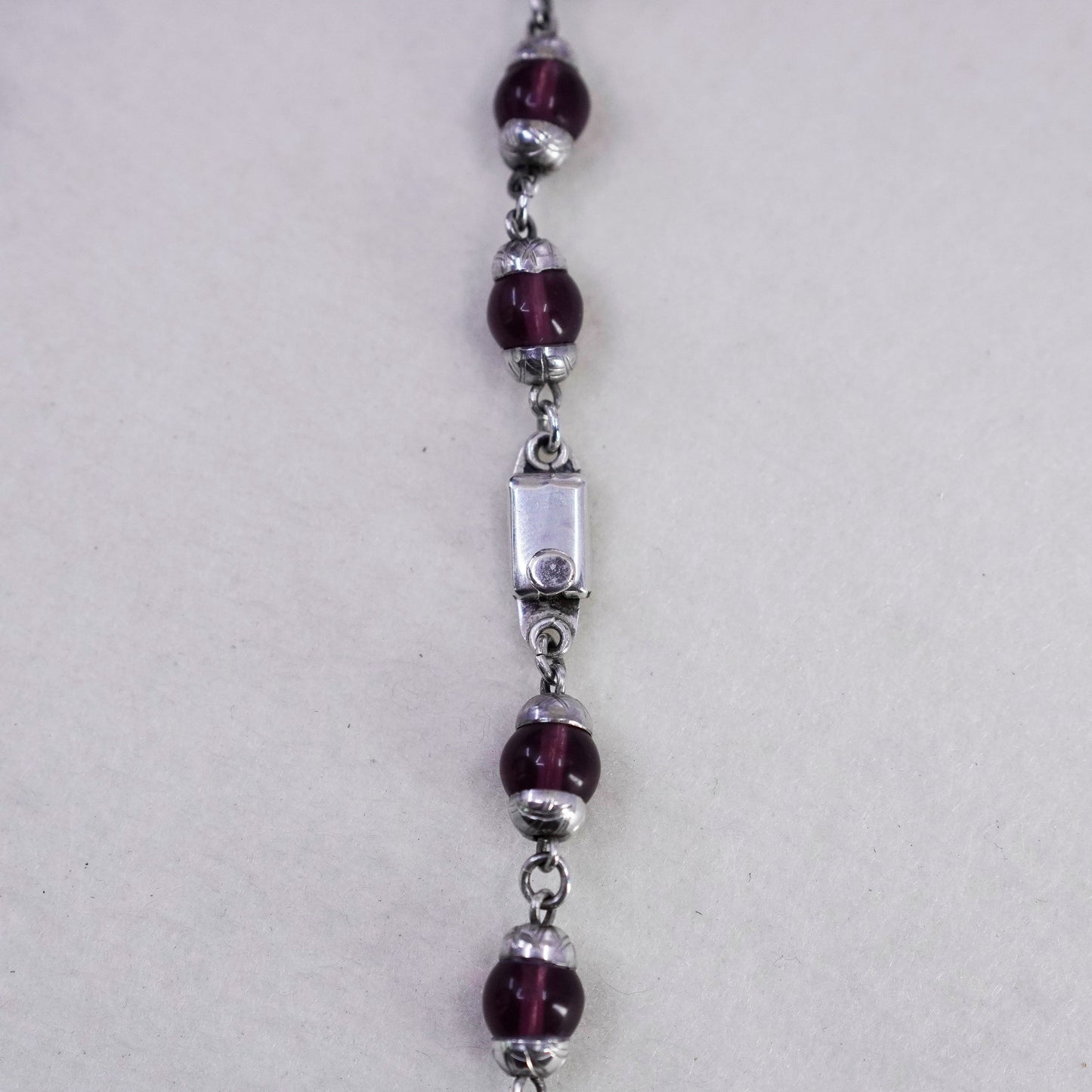 20”, vintage Mexico Sterling 925 silver handmade necklace w/ purple glass beads