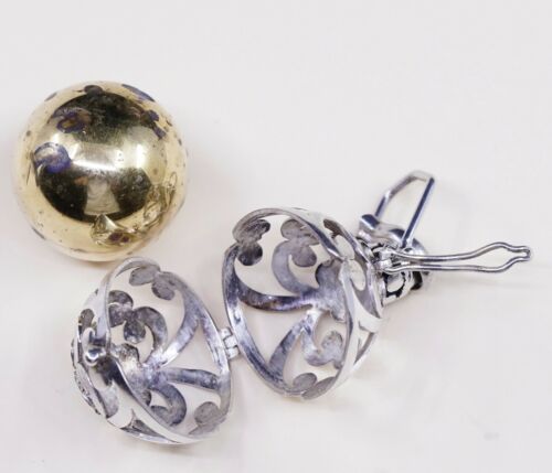 Vtg Two Tone Bali Handmade Sterling 935 Silver Pendant W/ Brass Chime Ball