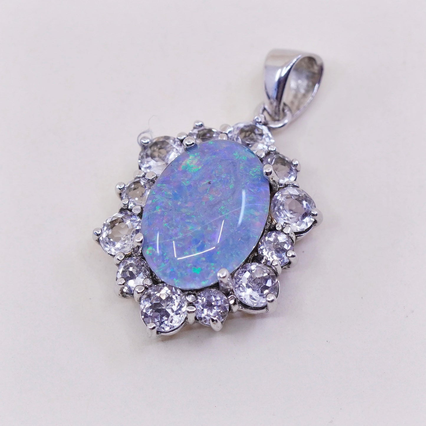 Vintage Sterling 925 silver handmade pendant with oval opal and crystal