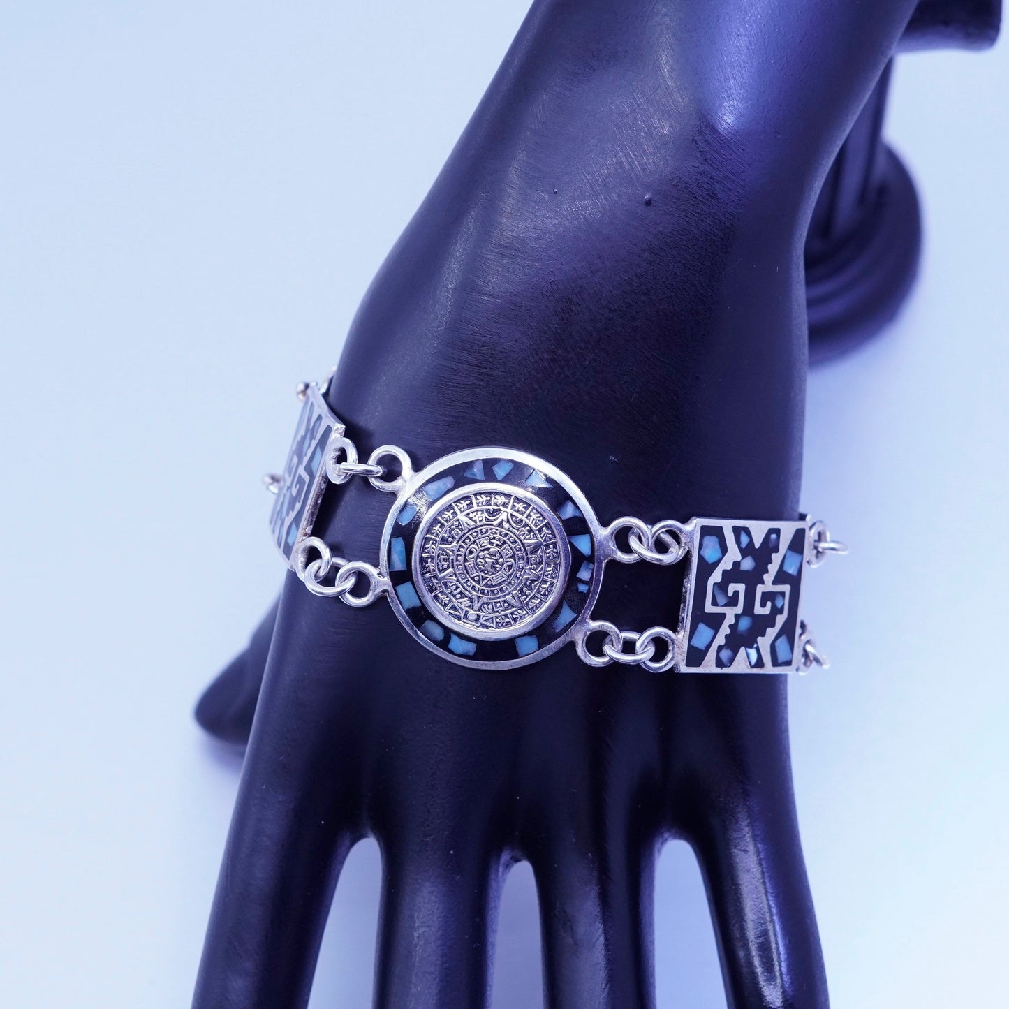 7.5”, Mexico handmade Sterling 925 silver bracelet mayan calendar turquoise