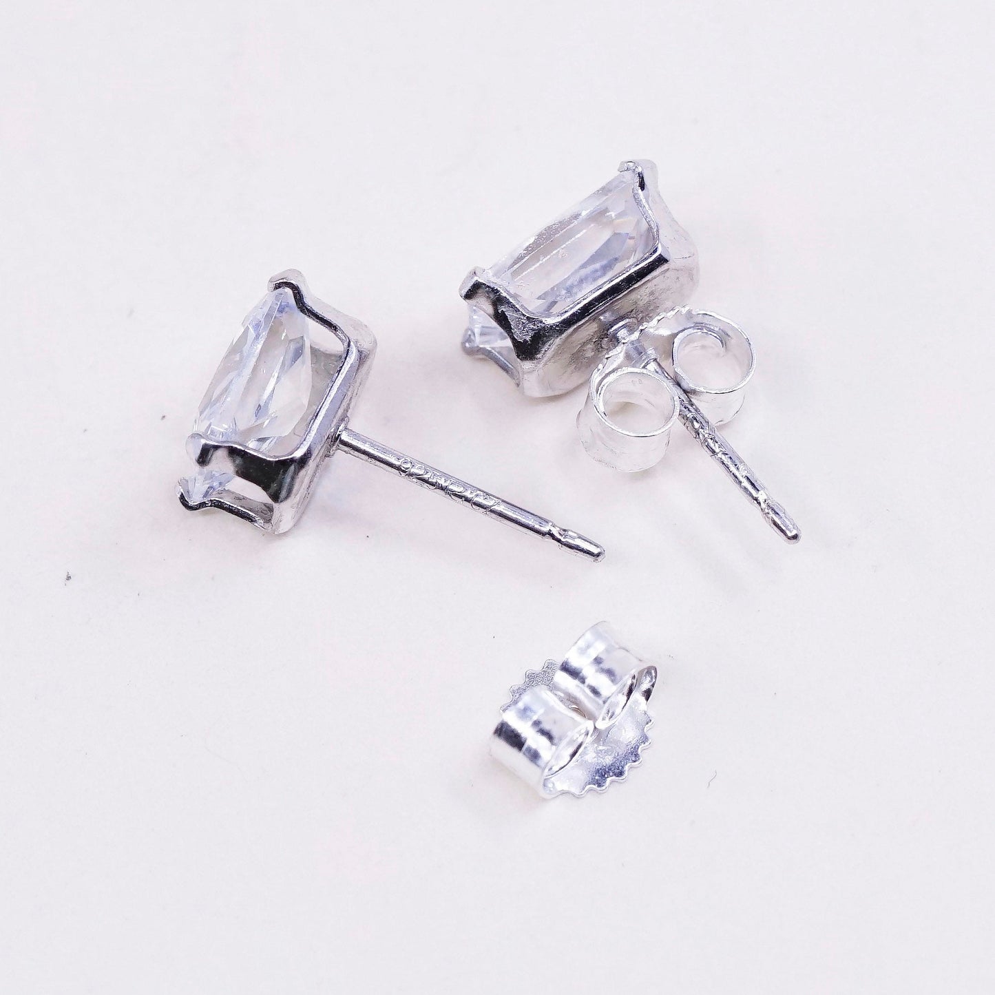 Vintage sterling silver square clear CZ studs, fashion minimalist earrings