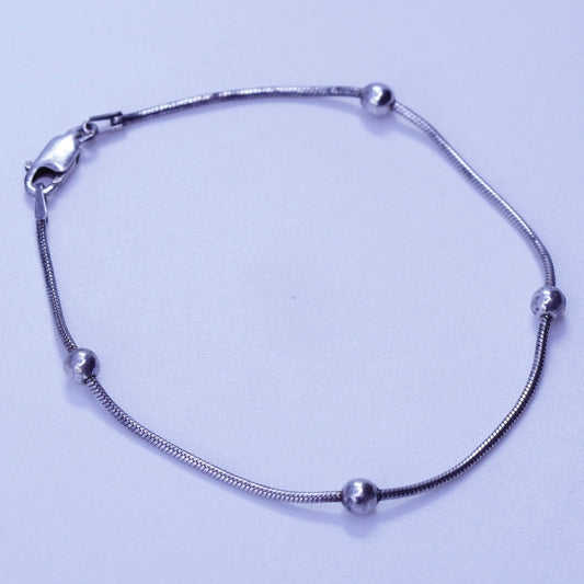 7.25”, 1mm, Sterling 925 silver handmade bracelet, snake chain with beads