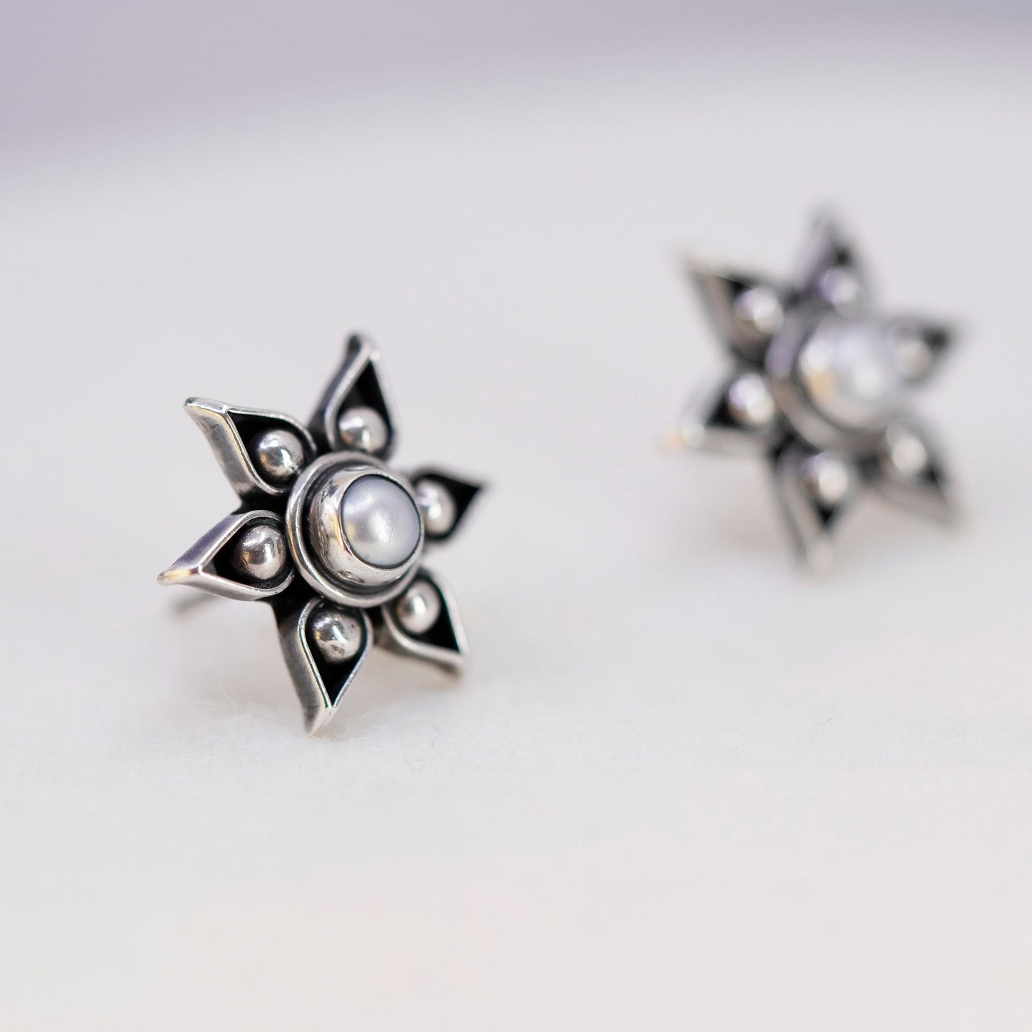 Sterling 925 silver handmade earrings, flower snowflake studs pearl beads