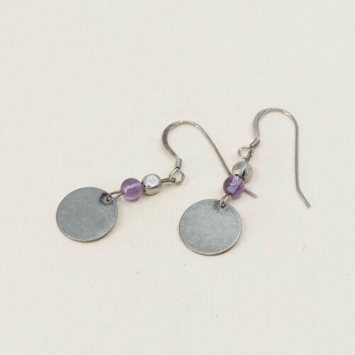 Vtg Sterling Silver Handmade Earrings, 925 dangles Tag W/ Amethyst Beads