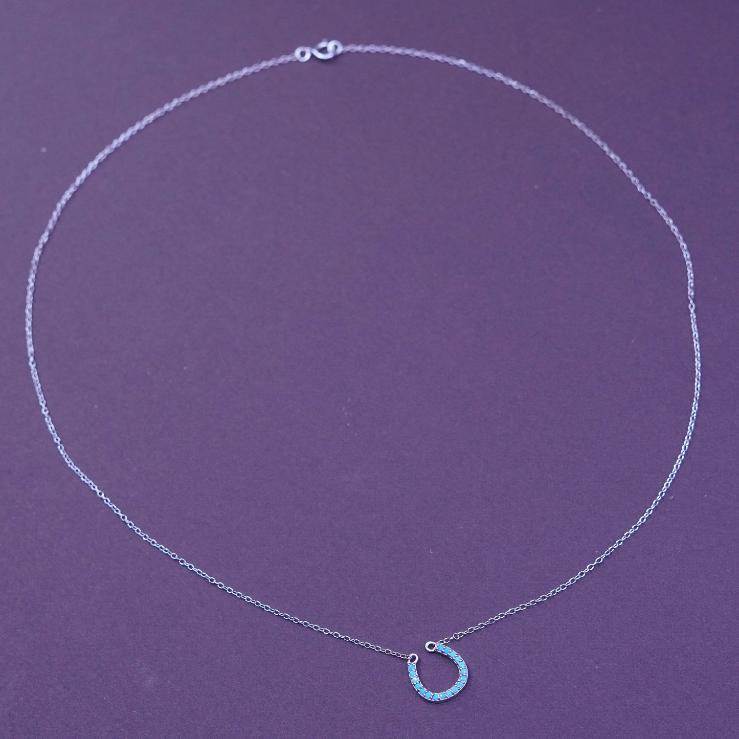 18”, Sterling silver necklace, 925 circle chain horseshoe blue crystal pendant