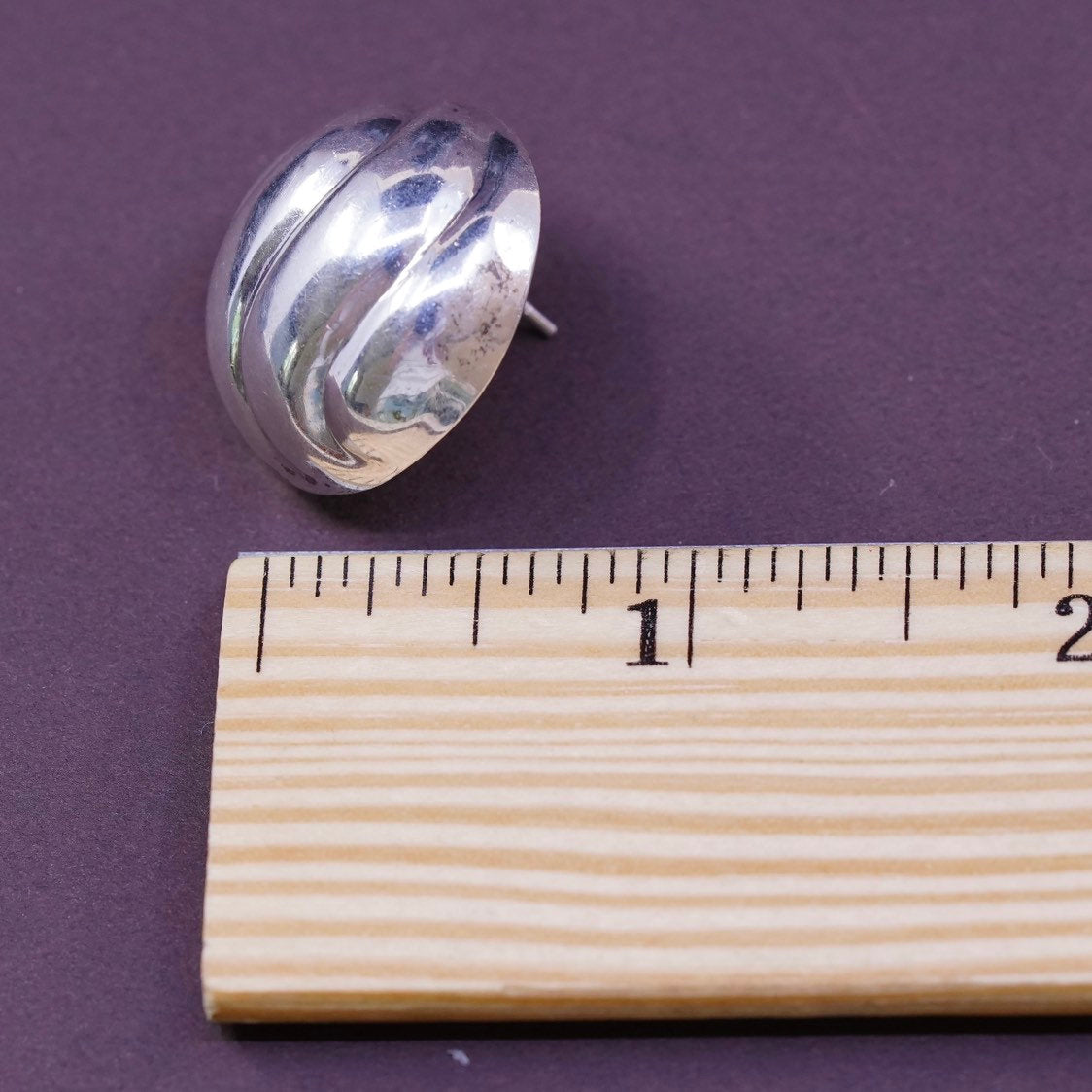 vtg Sterling silver handmade earrings, 925 ribbed round studs, stamped 925