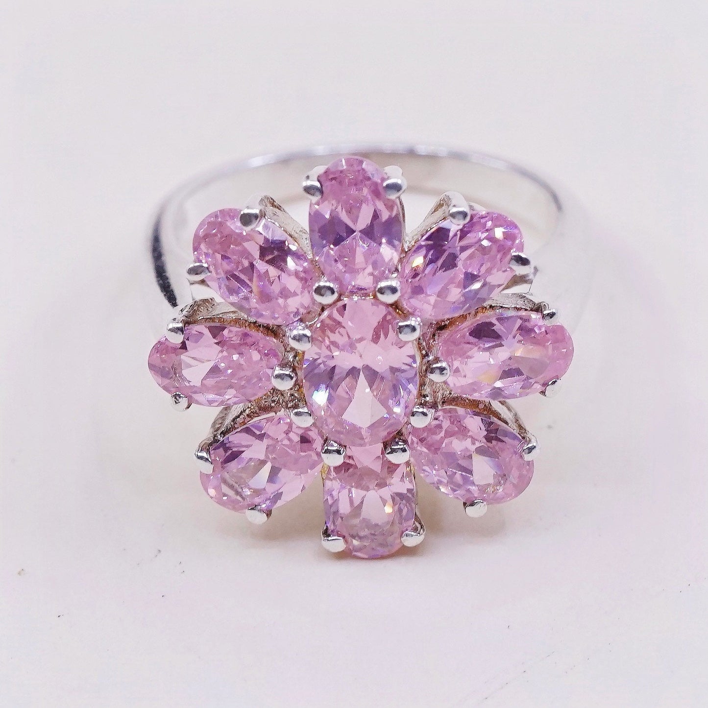 sz 6.5, VTG sterling 925 silver handmade ring with cluster pink crystal flower