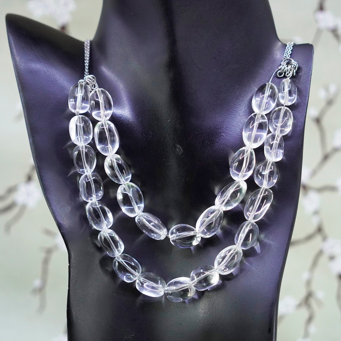 20” Vintage handmade white quartz beads necklace with sterling 925 silver clasp