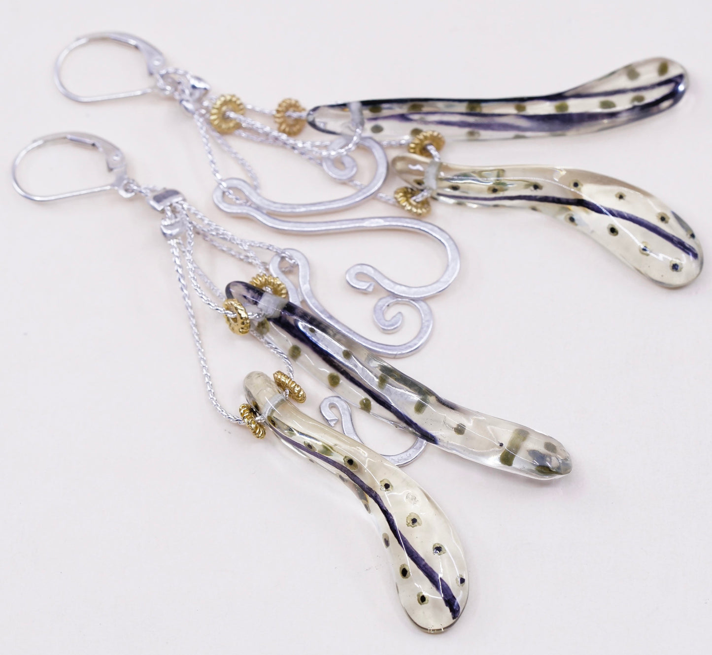 VTG sterling 925 silver handmade earrings, resin long nugget with swirl dangles