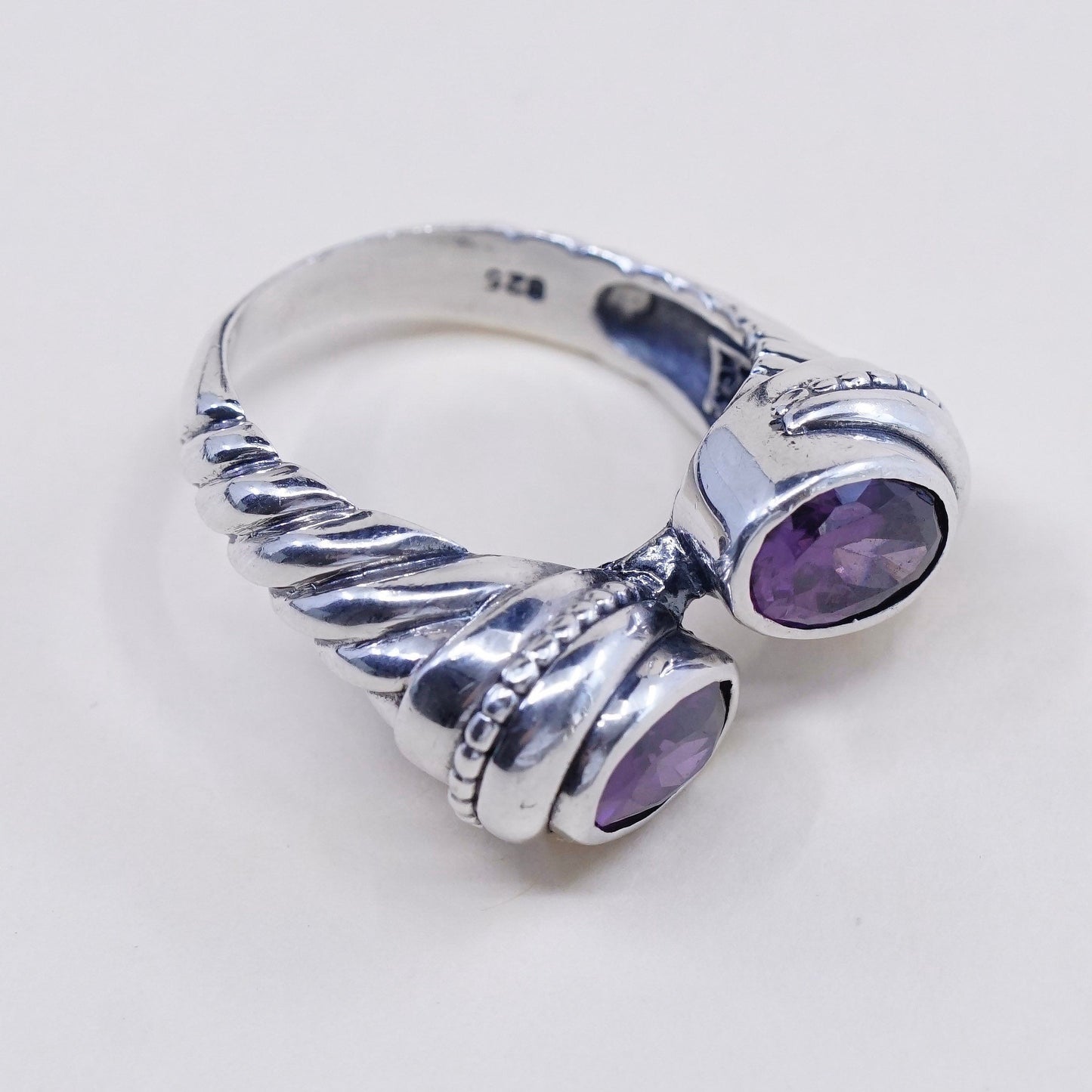 Size 7, vtg JRY sterling silver handmade ring, mexico 925 cable with amethyst