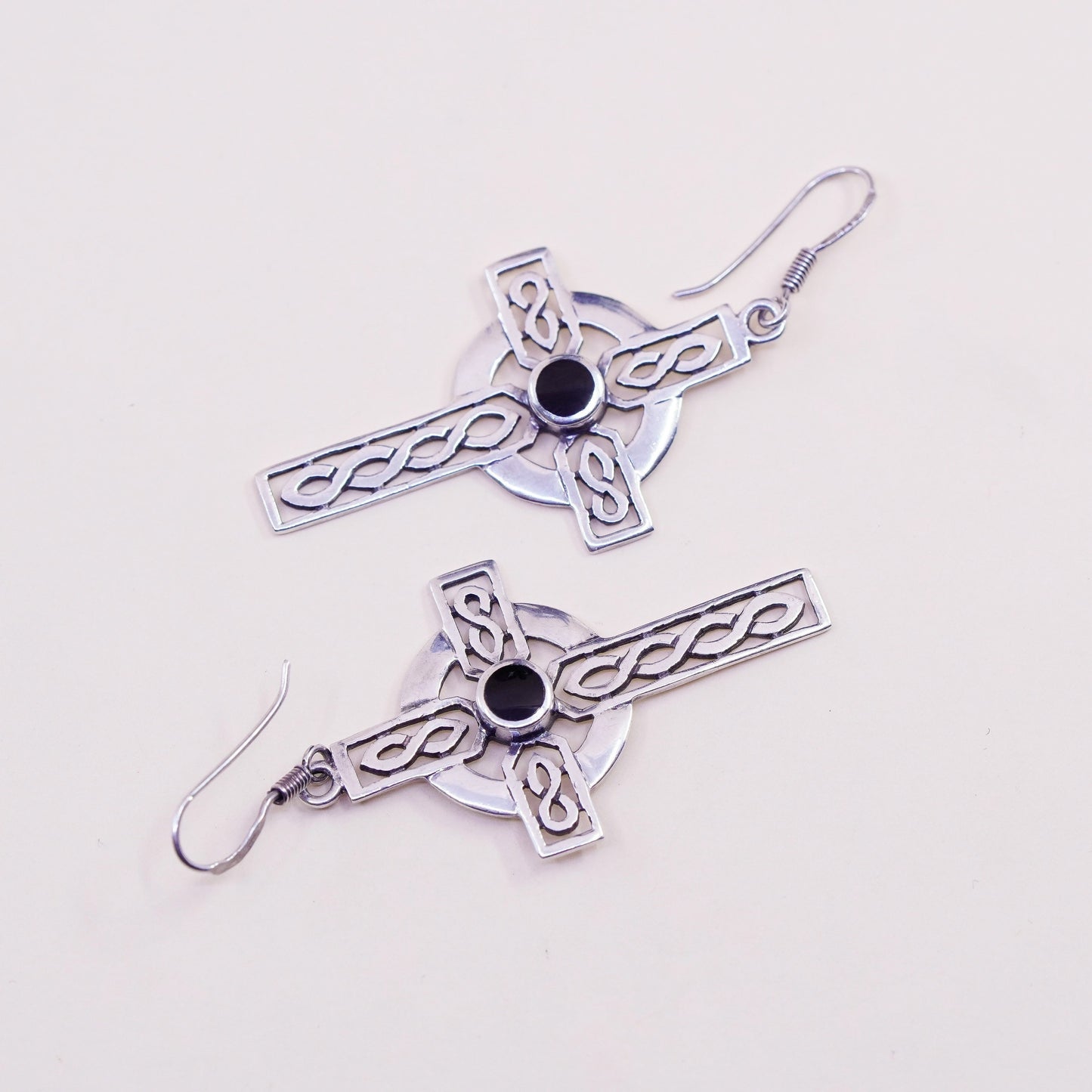 Vintage Irish Sterling silver handmade earrings, 925 cross dangles w/ obsidian
