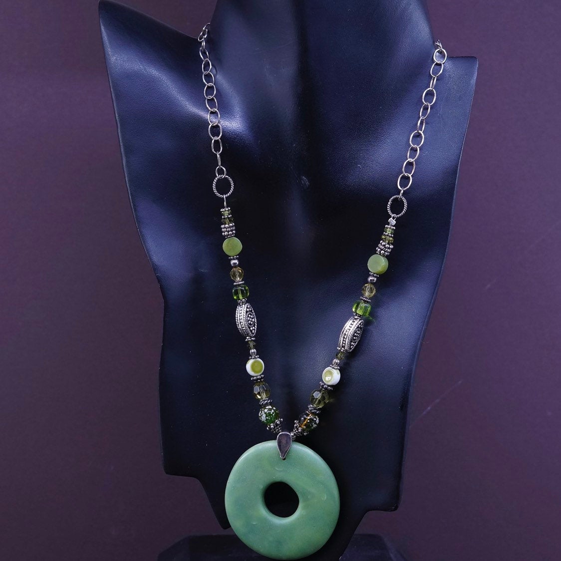 18", Sterling silver beads necklace, circle chain w/ green beads N jade pendant