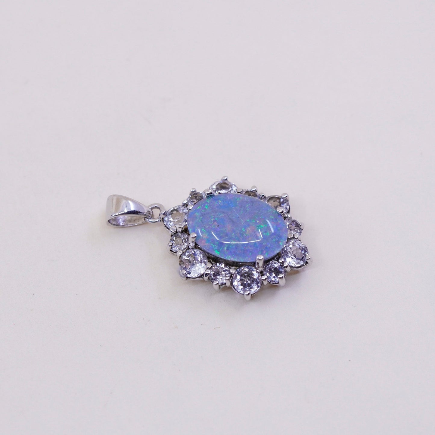 Vintage Sterling 925 silver handmade pendant with oval opal and crystal