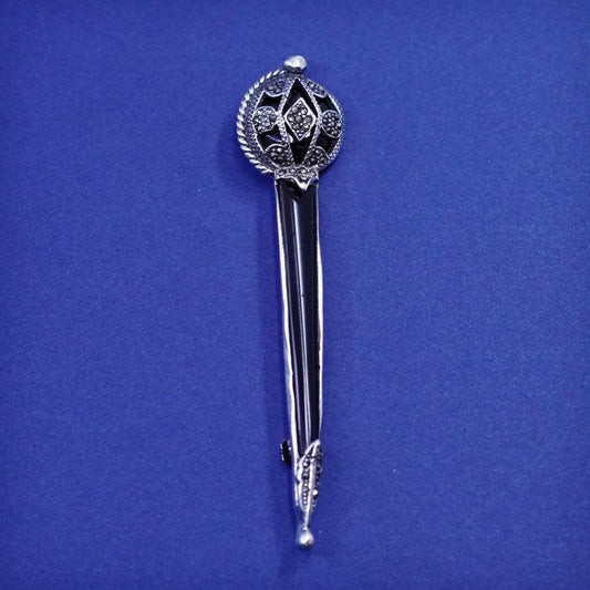 Sterling silver handmade brooch, 925 crown scepter pin with onyx and marcasite