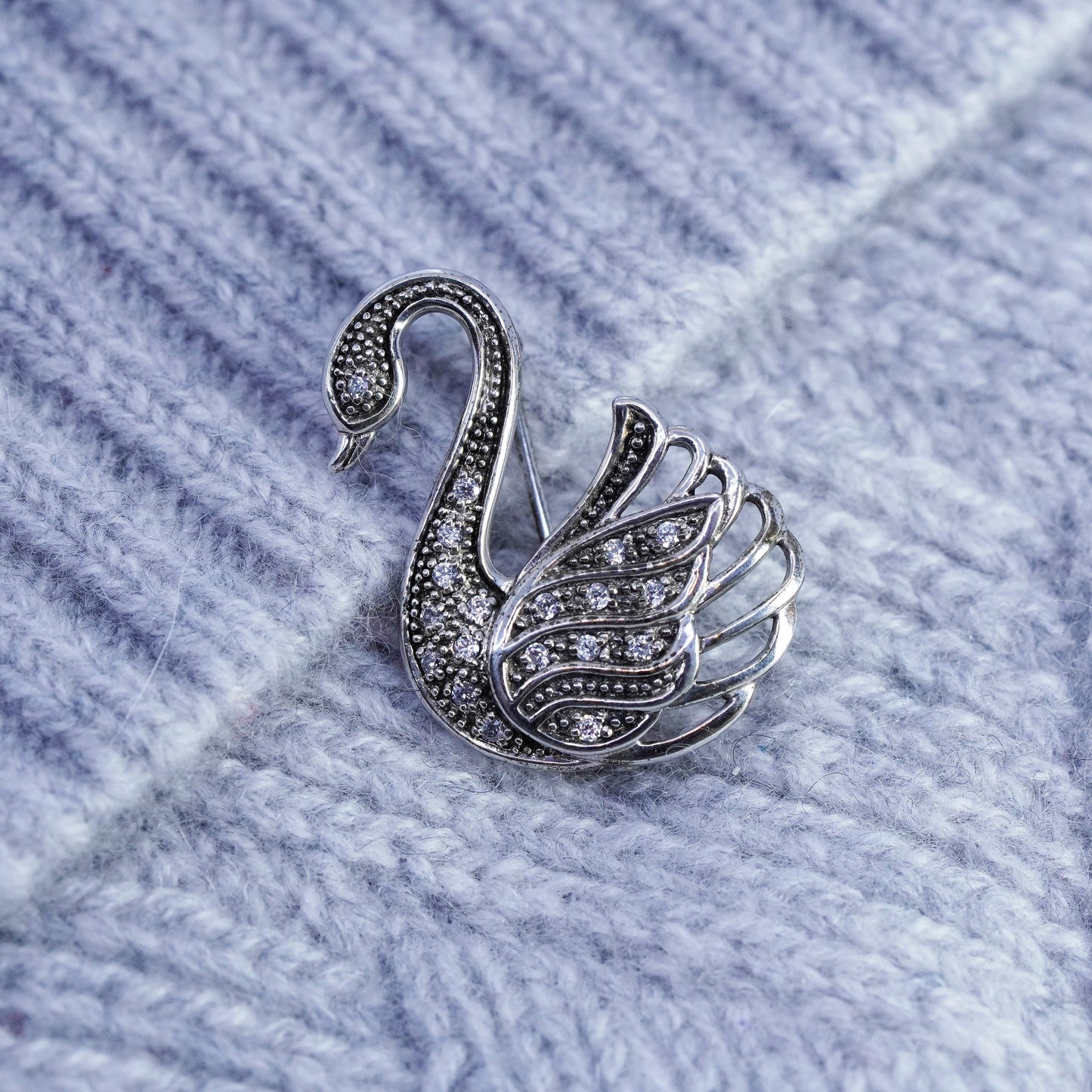 Vintage sterling silver handmade brooch, 925 swan bird pin with cz