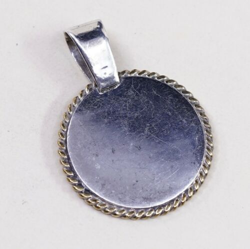 Vtg two tone Sterling silver pendant, 925 Handmade Circle Tag W/ Brass Around