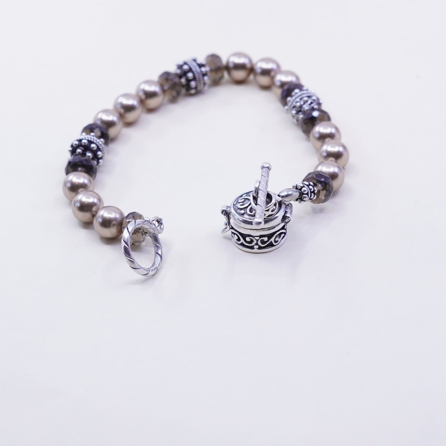 7”, Sterling silver handmade bracelet, 925 beads faux pearl smoky topaz beads