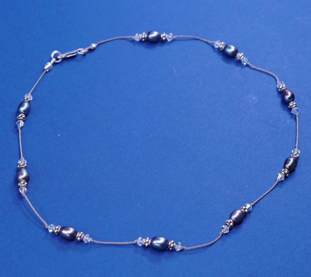 17", Sterling silver handmade Linen necklace, 925 clasp w/ Tahitian pearl beads