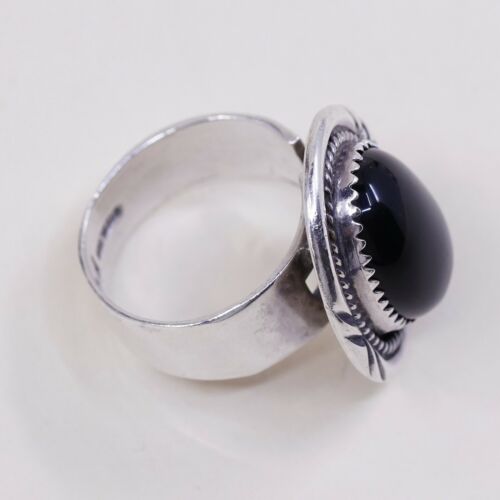 Sz 8, Native American Navajo Sterling 925 Silver Handmade Ring W/ Obsidian