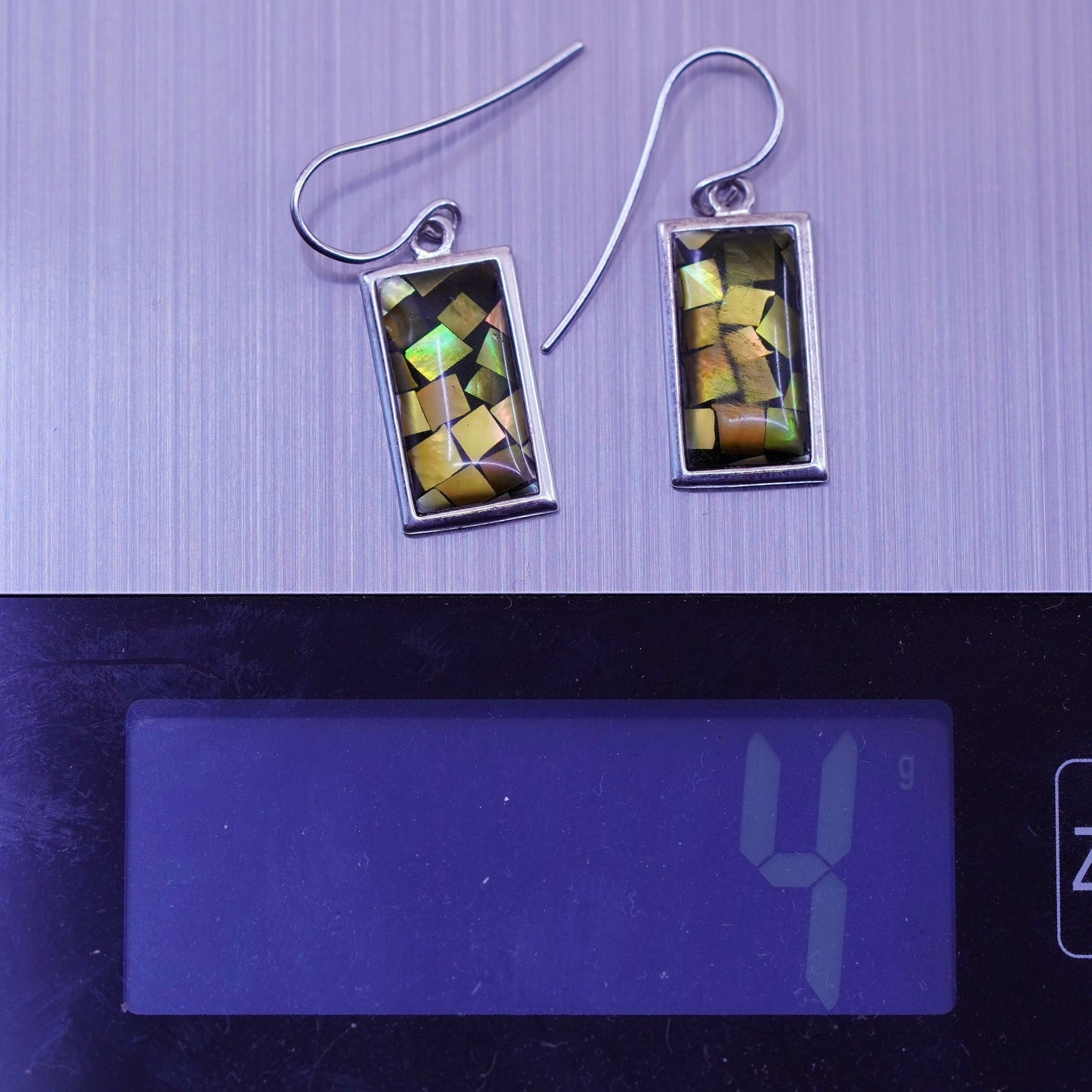 Vintage sterling silver handmade rectangular earrings, Mexico 925 with abalone
