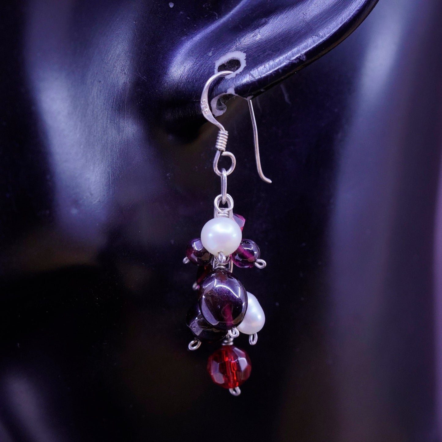Vintage Sterling 925 silver Handmade earrings cluster pearl garnet ruby beads