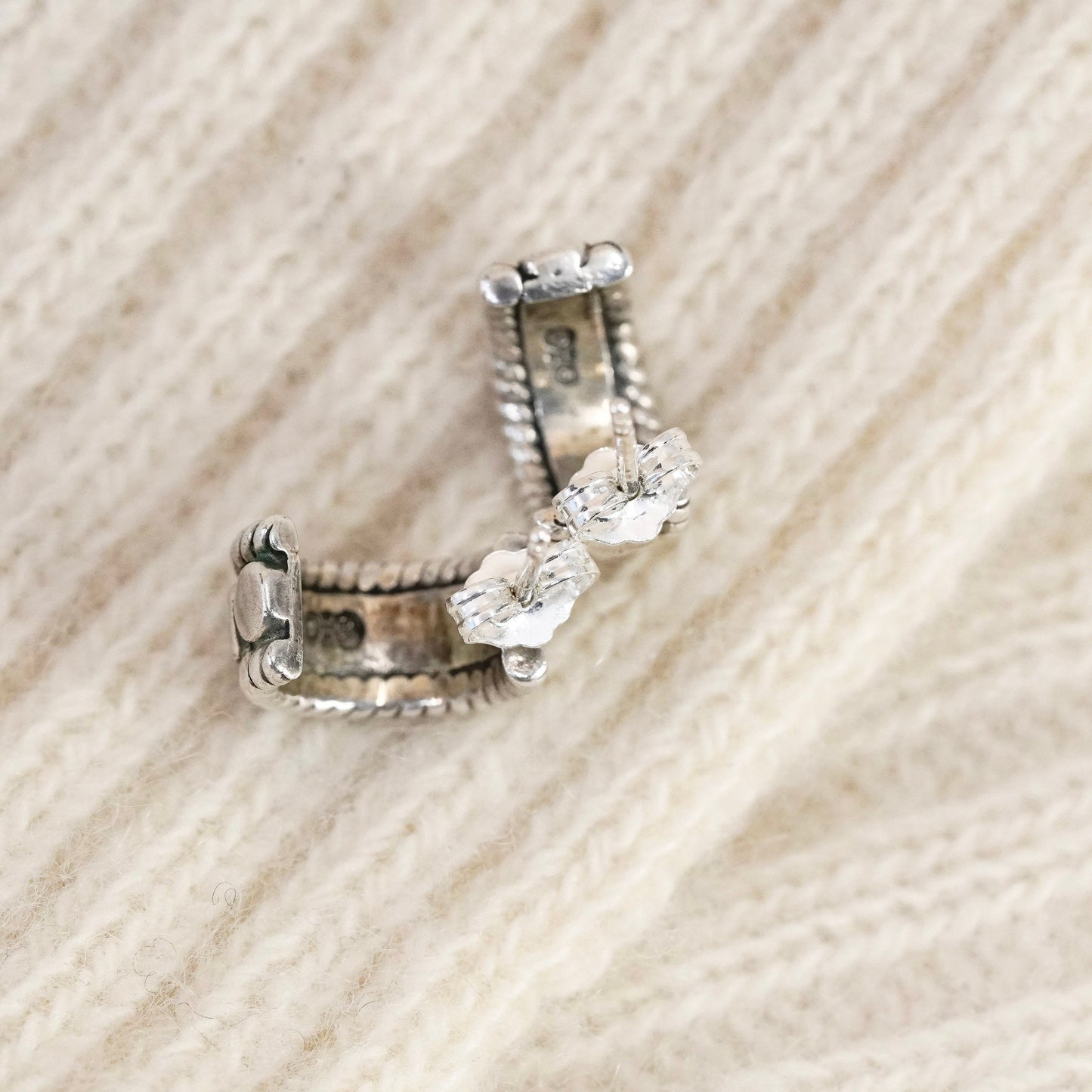 0.5”, Vintage Sterling silver handmade earrings, 925 Huggie hoops with beads