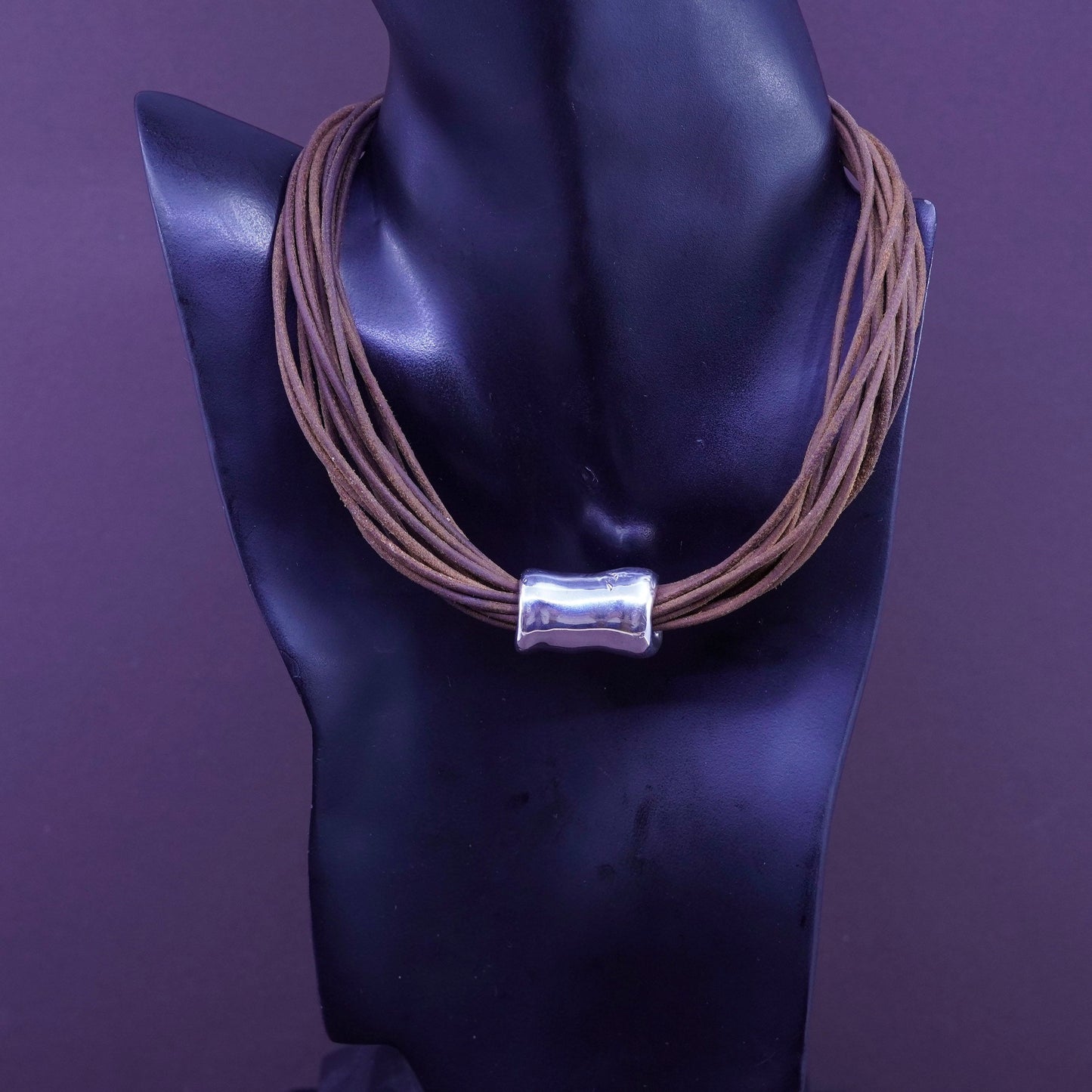 15”, vtg Sterling Silver Multi Strand brown Leather Necklace Slide 925 Pendant