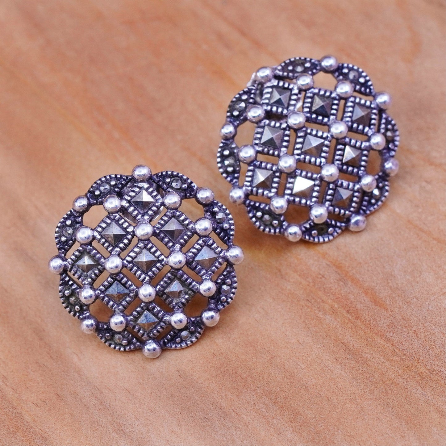 vtg Sterling silver handmade earrings, Mexico 925 round studs with marcasite