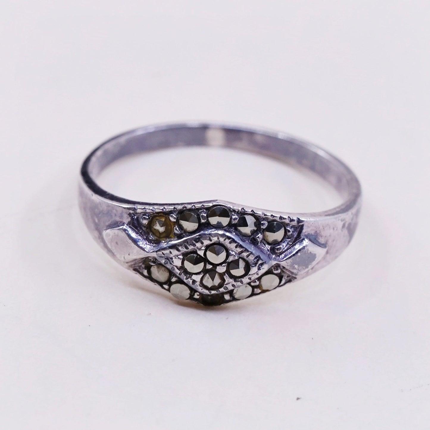 Size 6, Vintage Sterling 925 silver handmade ring with marcasite, stamped 925