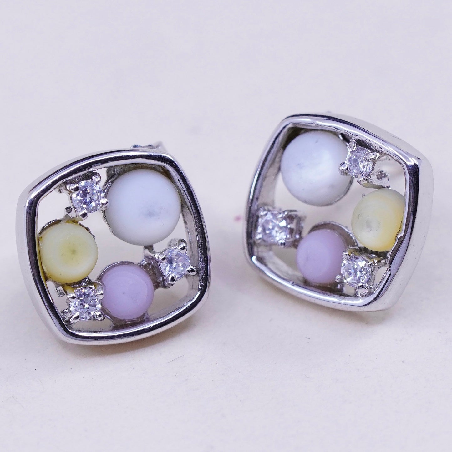 Vintage sterling 925 silver studs, square earrings with moonstone and cz