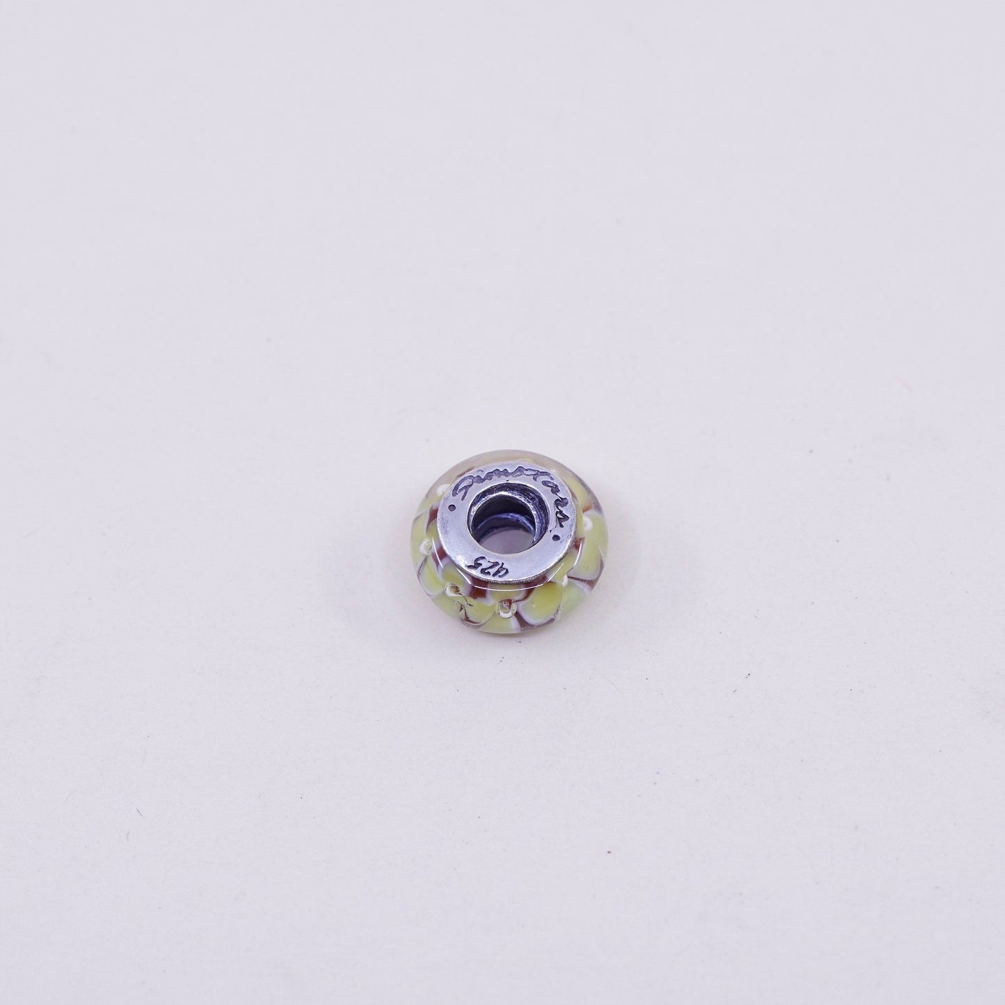 Vintage Sterling 925 silver handmade yellow floral Murano glass bead charm