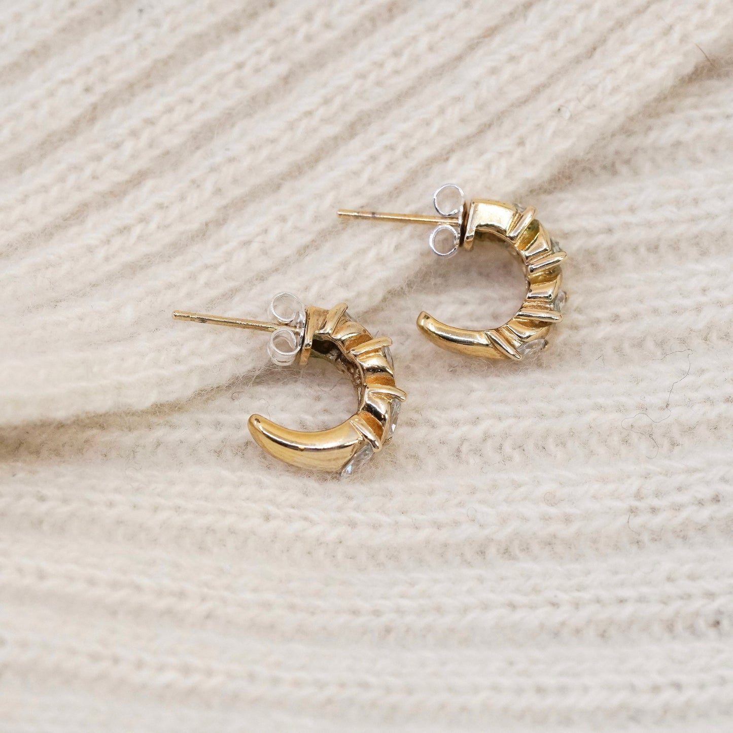 0.5”, Vintage vermeil gold over sterling silver earrings, 925 hoops, huggie cz