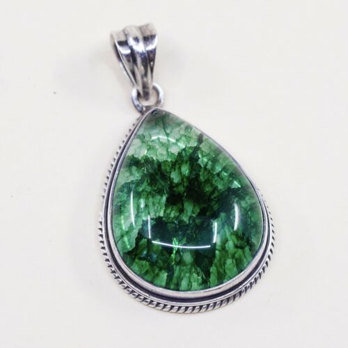 Vintage Sterling silver handmade pendant, 925 with and Green Cracked crystal