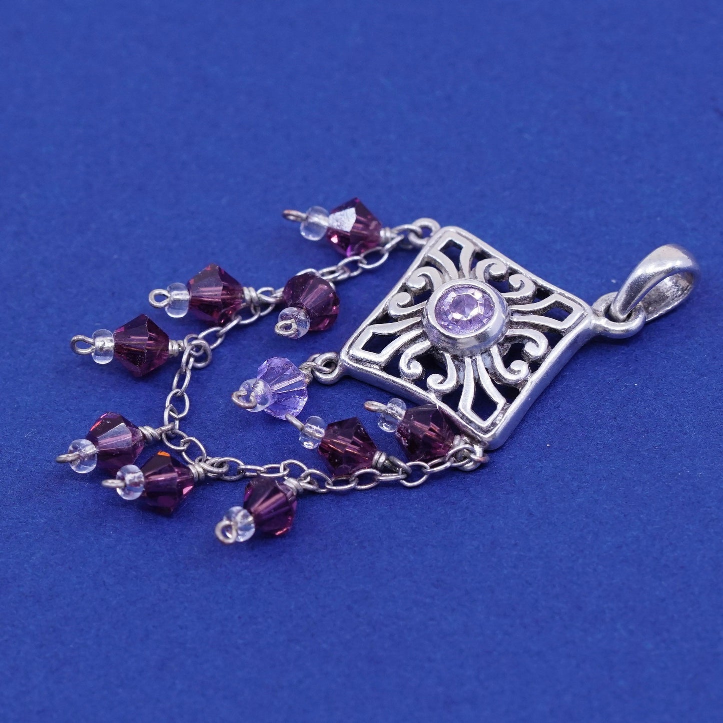 Vintage sterling silver handmade pendant, 925 filigree w/ amethyst N pink Cz