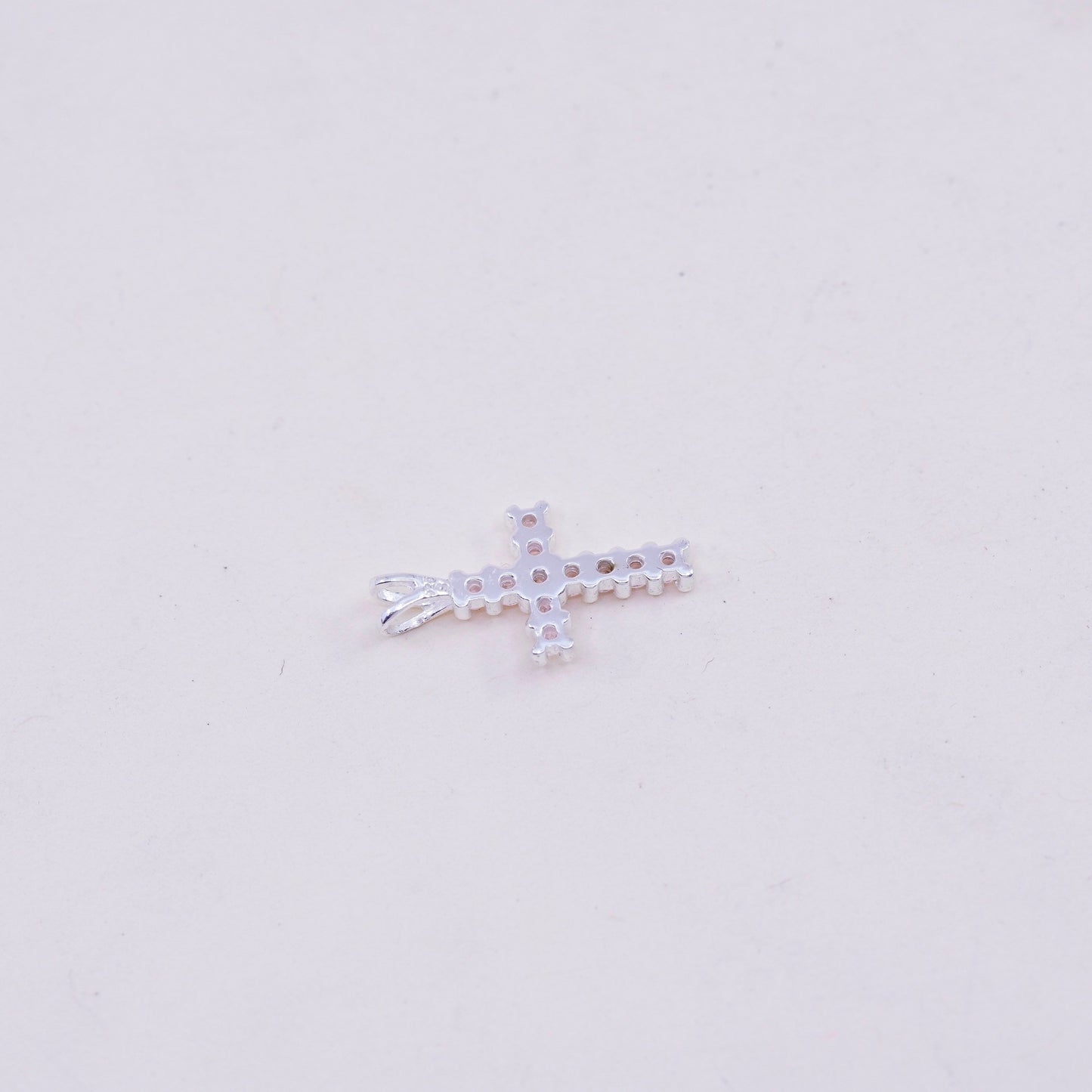 Vintage sterling silver pendant, 925 cross handmade charm with pink cz