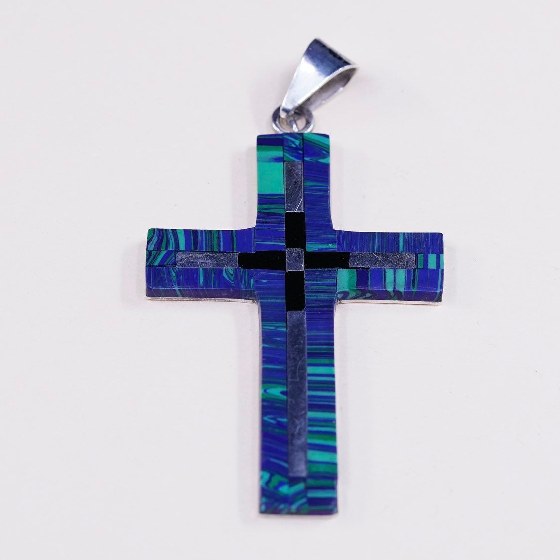 VTG Sterling silver handmade pendant, Mexican 925 cross with malachite