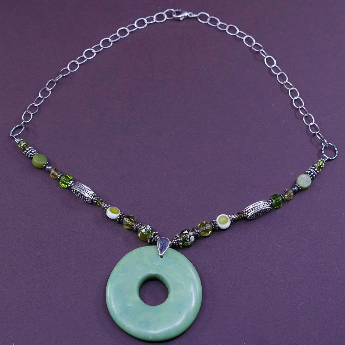 18", Sterling silver beads necklace, circle chain w/ green beads N jade pendant