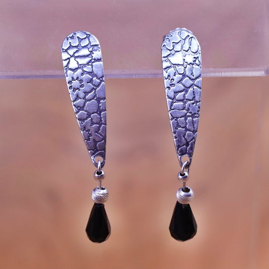 Vintage Sterling silver handmade earrings, textured 925 teardrop with obsidian