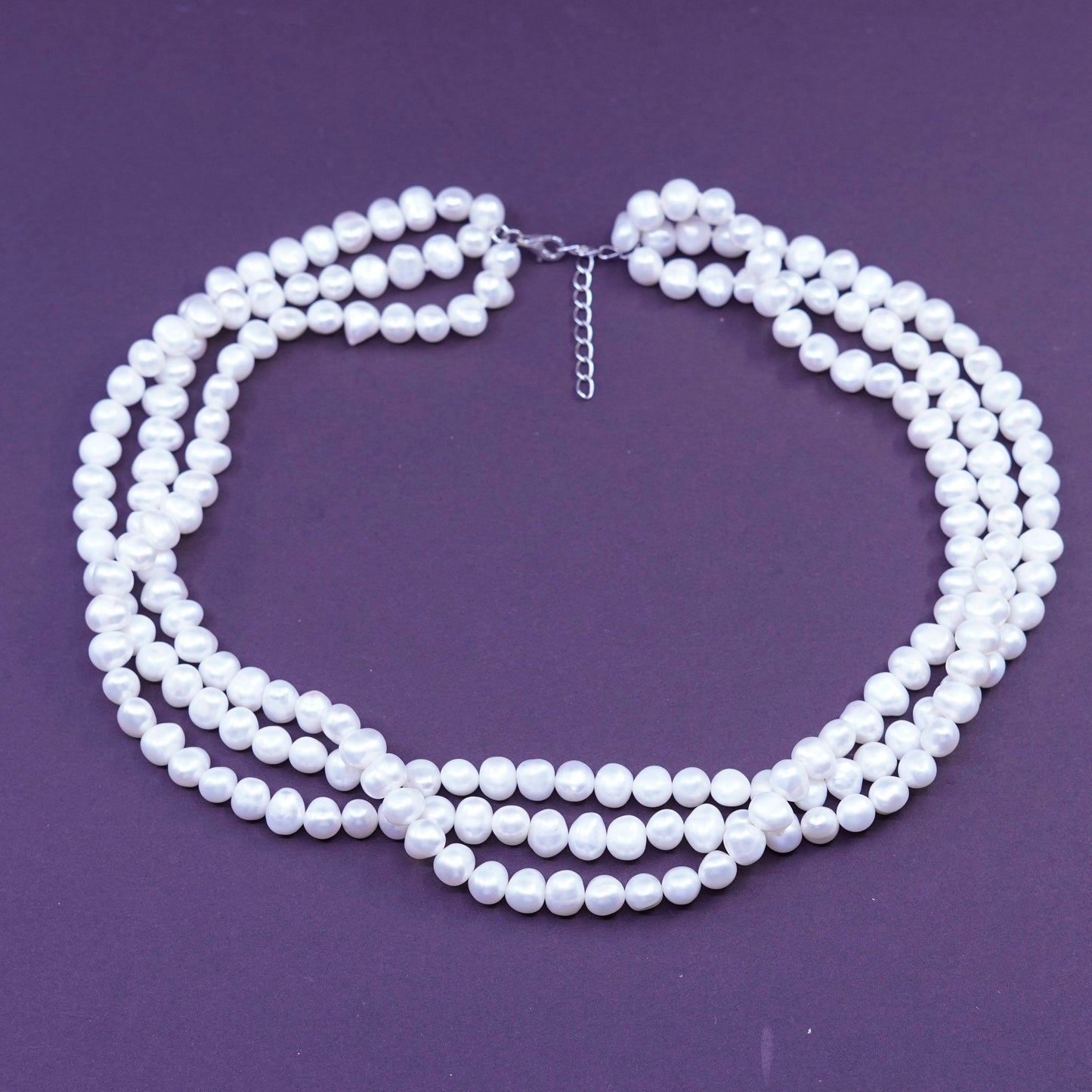 17+1”, triple strand pearl beads handmade necklace, Sterling 925 silver clasp