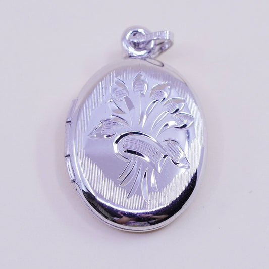 Sterling silver oval pendant, 925 floral textured handmade photo locket charm