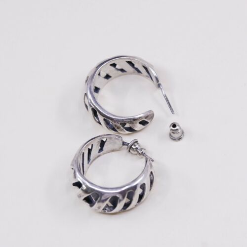 1”, Vtg 925 Mexico Sterling Silver Handmade Hoop Earrings W/ Crossed Texture