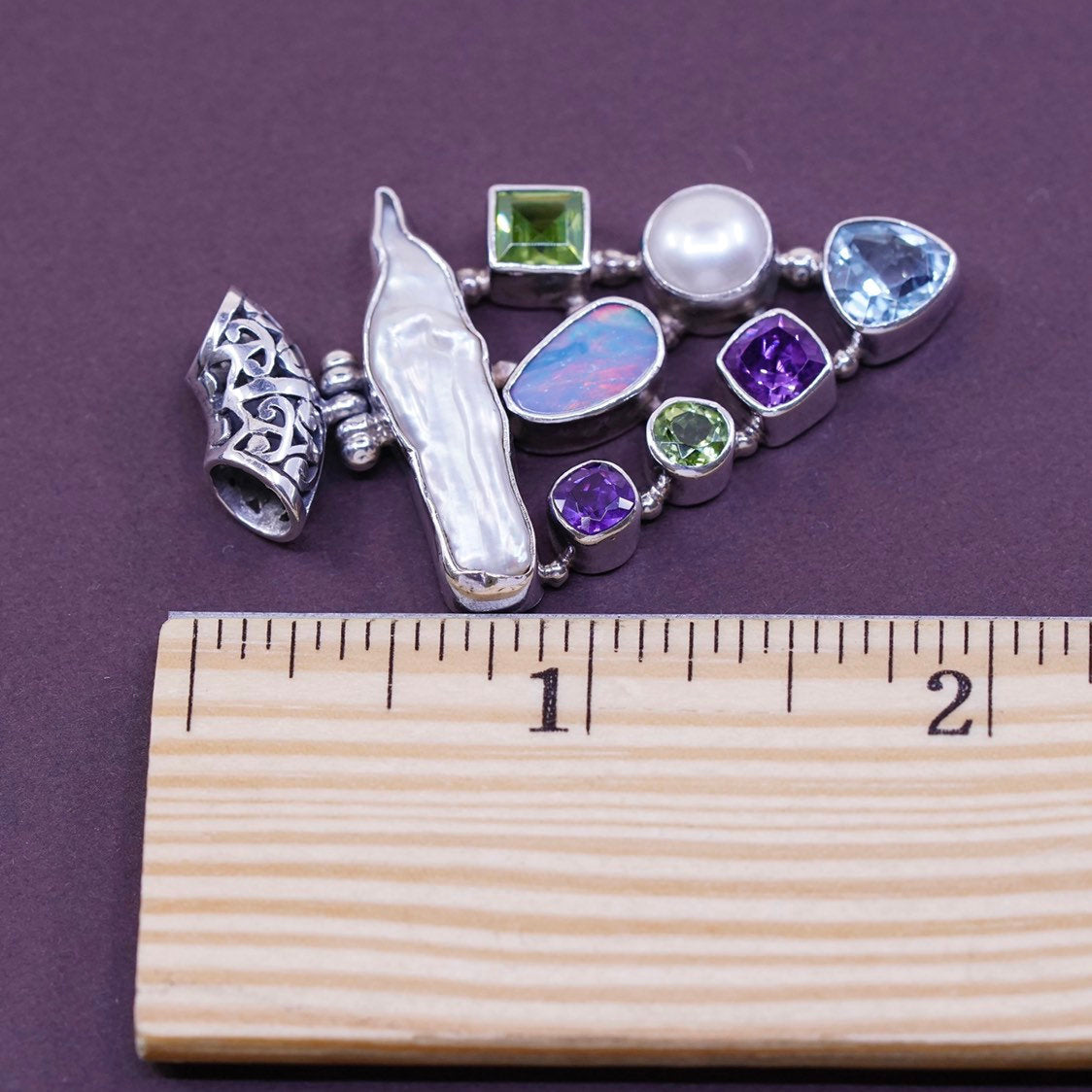 vtg Sterling silver handmade 925 pendant w/ opal, peridot amethyst topaz pearl