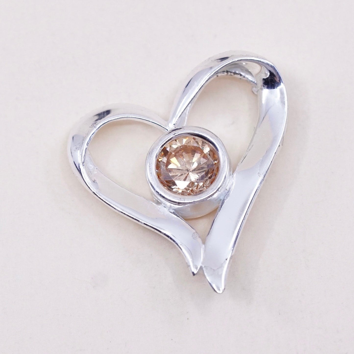 Vintage sterling silver pendant, 925 silver heart pendant with citrine