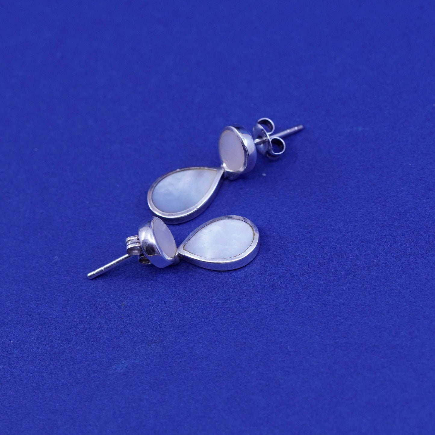 vtg sterling silver handmade earrings, 925 teardrop with mother of pearl drops