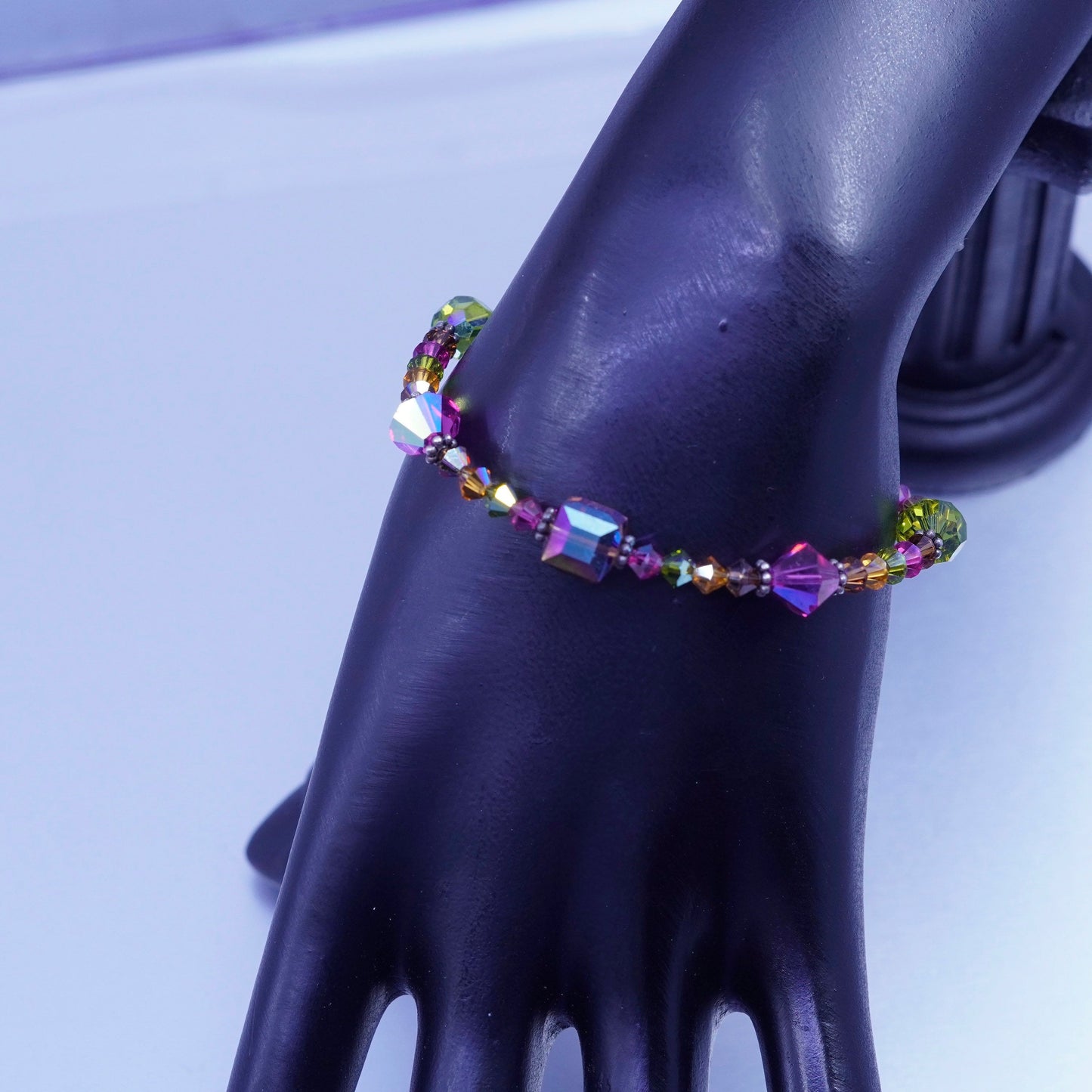 6.5+1”, Sterling 925 silver handmade bracelet with colorful crystal beads