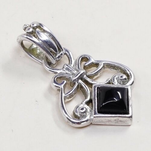 Vtg Sterling Silver Handmade Pendant solid 925 silver w/ Obsidian, stamped 925