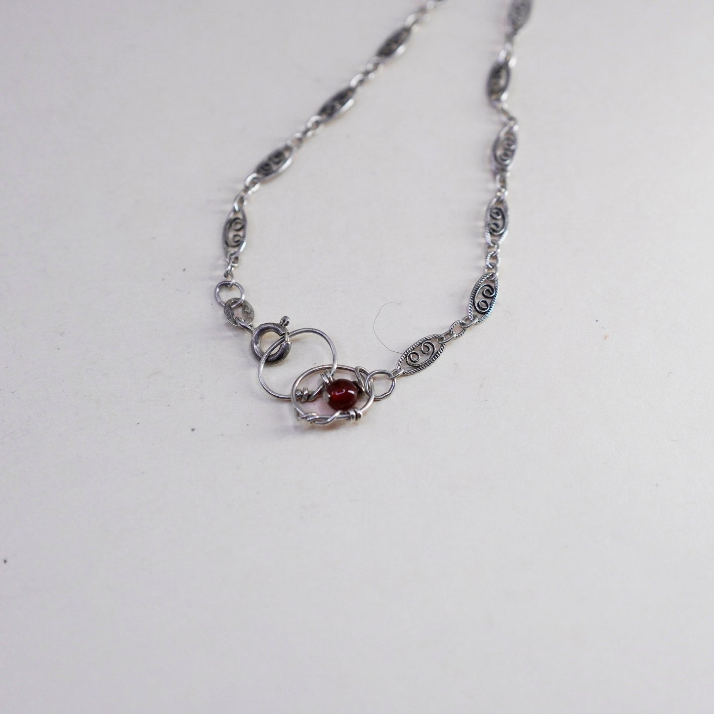 16”, sterling silver handmade necklace, 925 filigree chain garnet heart pendant