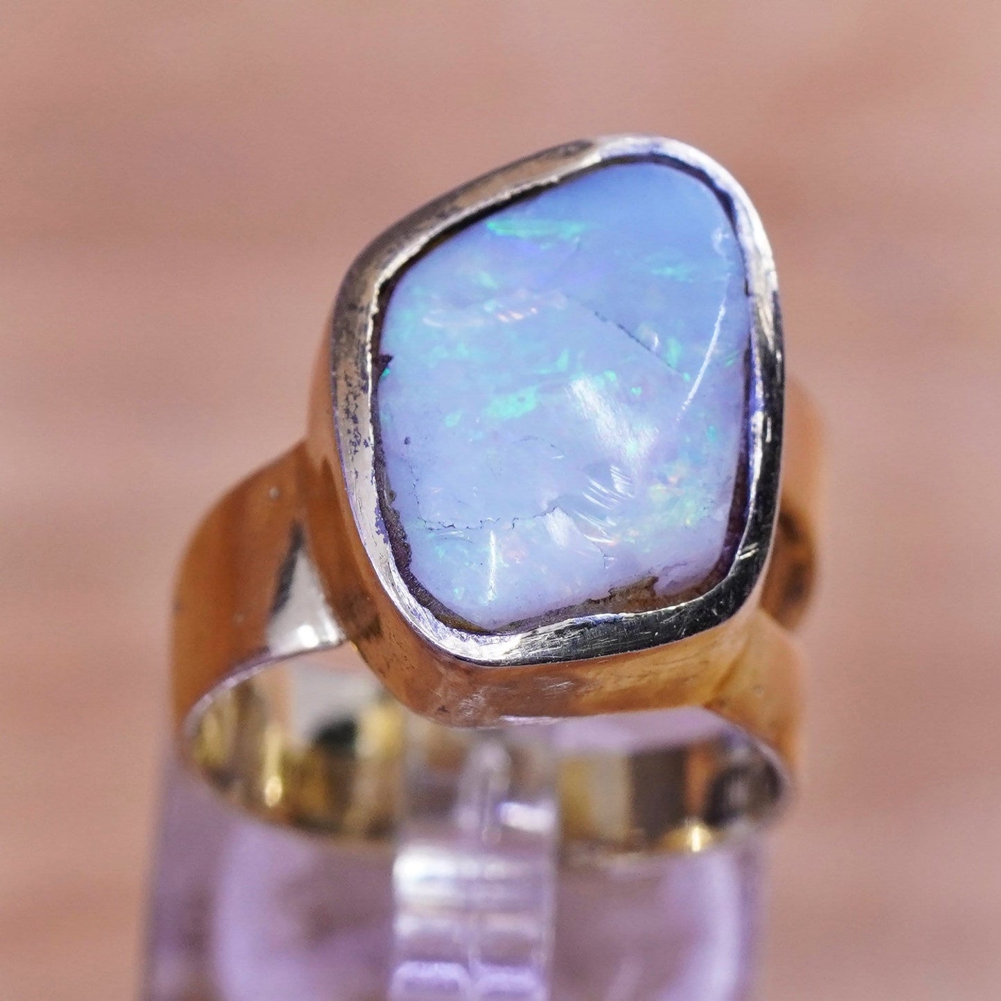 Size 7, vintage vermeil gold over Sterling 925 silver modern ring with opal