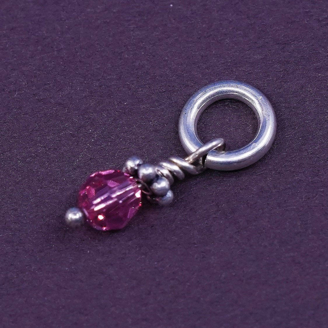 vtg sterling silver handmade pendant, 925 charm w/ pink crystal