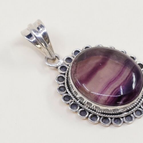 Vtg Sterling silver handmade pendant, solid 925 silver w/ fluorite, stamped 925